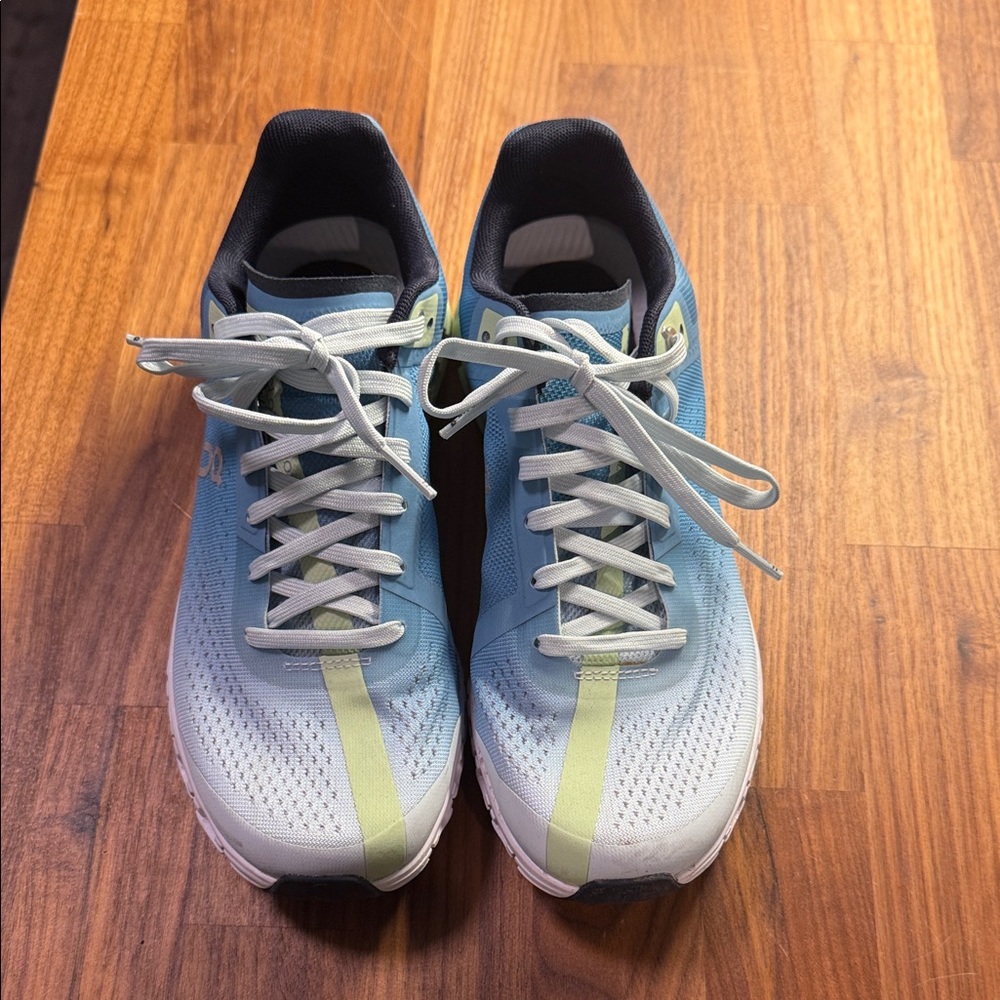 On Running Light Blue and Lime Athletic Shoes